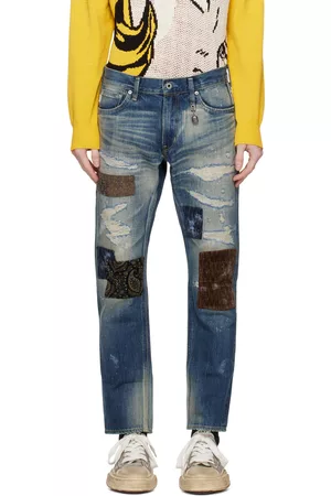 FDMTL Men Slim Jeans - Blue Patchwork Slim-Fit Jeans
