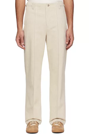 Solid Men Twill Pants - Off-White Zip Tab Trousers