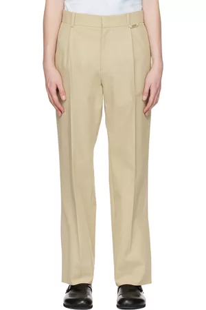 Solid Men Twill Pants - Beige Button Trousers