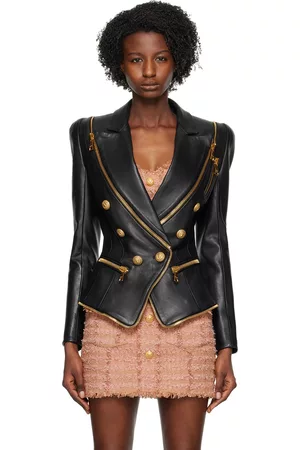 Balmain Women Leather Jackets - Black Zip Leather Jacket
