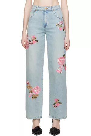 Floral Embellished Wide Leg Jeans in Blue - Blumarine