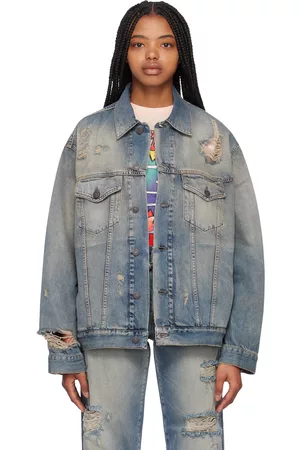 Acne Studios Women Denim Jackets - Blue Distressed Denim Jacket