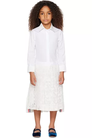 Thom Browne Girls Pleated Dresses - Kids White Pleated Dress