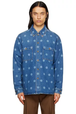 Burberry Men Denim Shirts - Blue Polka Dot Denim Shirt