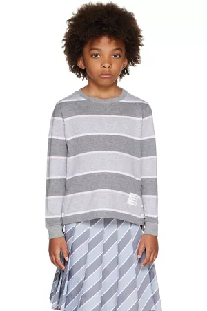 Thom Browne Long Sleeved T-Shirts - Kids Gray Striped Long Sleeve T-Shirt