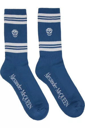 Alexander McQueen Men Socks - Blue & White Stripe Skull Socks