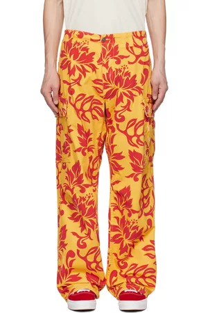 ERL Men Cargo Pants - Yellow & Red Embroidered Cargo Pants