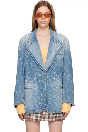 Acne Studios Women Denim Jackets - Blue Distressed Denim Jacket