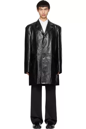 Maison Margiela Men Coats - Black Single-Breasted Leather Coat