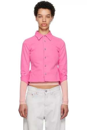 Maison Margiela Women Denim Jackets - Pink Embroidered Denim Jacket