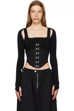 I.AM.GIA Portia Lace-Up Long Sleeve Corset Top Black Ribbed Cotton