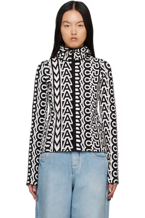 Marc Jacobs Women Zip-up Hoodies - Black & Beige 'The Monogram Scuba Zip Up' Hoodie
