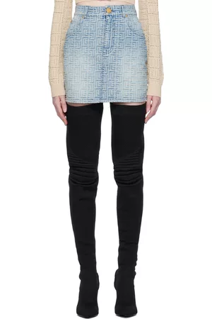 Balmain Women Mini Skirts - Blue Monogram Denim Miniskirt