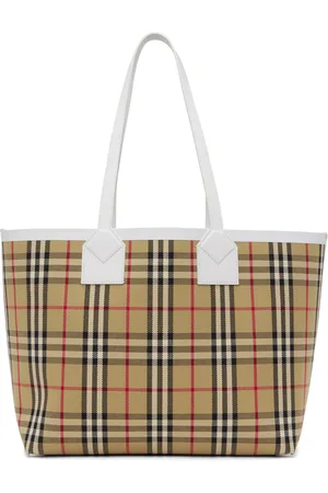 Burberry The Small Reversible Tote In Haymarket Check And Leather Mid Camel  in Natural