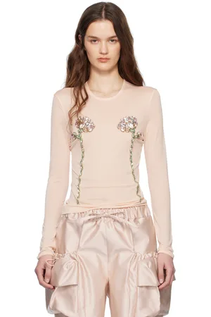 Simone Rocha Beige Embellished Double Carnation Mesh Top