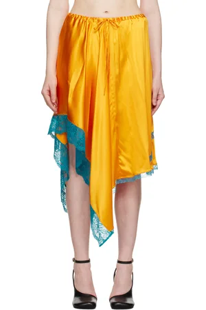 DRIES VAN NOTEN Orange & Blue Asymmetrical Silk Midi Skirt