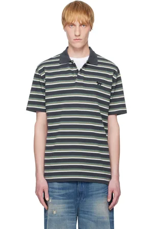 Maison Kitsuné Navy & Green Profile Fox Patch Tri Color Stripes Polo