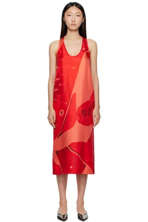 Salvatore Ferragamo Red Fish Print Silk Maxi Dress