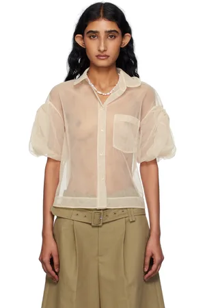 Simone Rocha Beige Sheer Cropped Bow Puff Sleeve Shirt