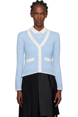 Thom Browne Blue Jersey Stitch Cashmere V-Neck Cardigan