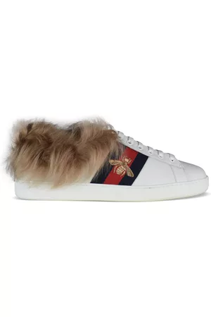 Gucci S Luxury Sneakers Ace Sneakers With Fur And Gold Embroidered Bee