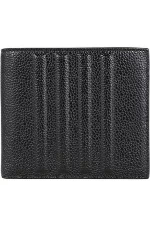 Black Pebble Grain Leather Debossed 4-Bar Stripe Lanyard Zippered Card  Wallet