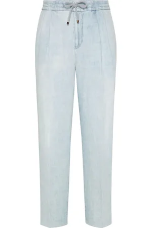 Brunello Cucinelli LEISURE FIT TROUSERS IN COTTON AND LINEN DENIM WITH DRAWSTRING AND DOUBLE DROP