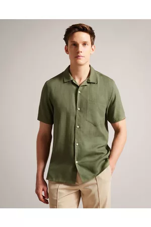 Ted Baker Men Short sleeved Shirts - Men's Short Sleeve Tencel Revera Collar Shirt in Olive, Wesland