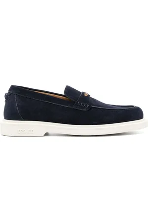 VERSACE Navy Suede Loafers With Distinctive Medusa Emblem