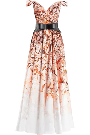 Saiid Kobeisy Mikado Printed Dress With Off-Shoulder Sleeves