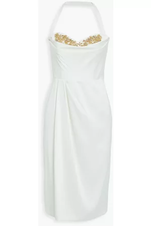 MARCHESA NOTTE Woman Embellished Draped Pleated Crepe Halterneck Dress Ivory Size 0