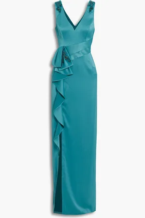 Marchesa Notte Embellished ruffled satin-crepe gown - Blue - US 2