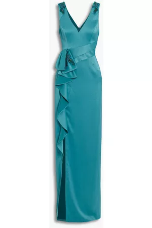 Marchesa Notte Women Evening dresses - Woman Embellished Ruffled Satin-crepe Gown Teal Size 0