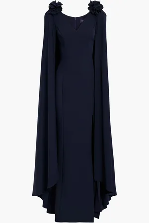 Marchesa Notte Cape-effect floral-appliquéd cady gown - Blue - US 2