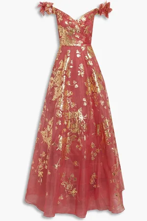 Marchesa Notte Off-the-shoulder floral-appliquéd printed organza gown - Orange - US 4