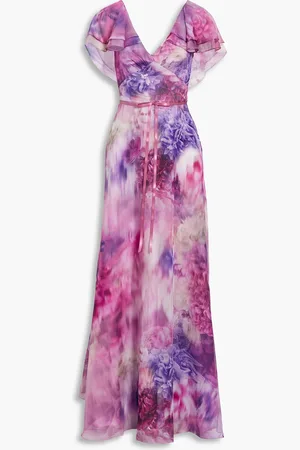 Marchesa Notte Ruffled bow-embellished floral-print chiffon gown - Purple - US 2