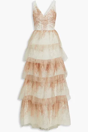 Marchesa Notte Tiered glittered tulle gown - - US 0