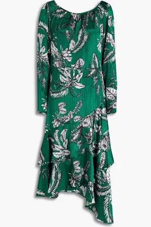Marchesa Notte Asymmetric printed satin midi dress - Green - US 2