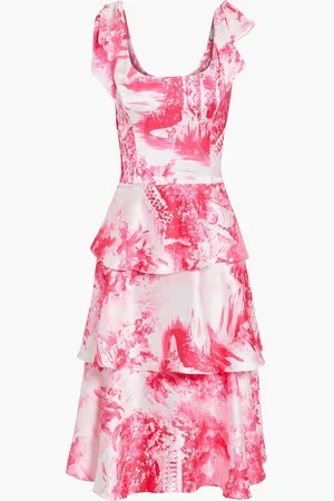 Marchesa Notte Bow-embellished tiered printed satin dress - - US 10
