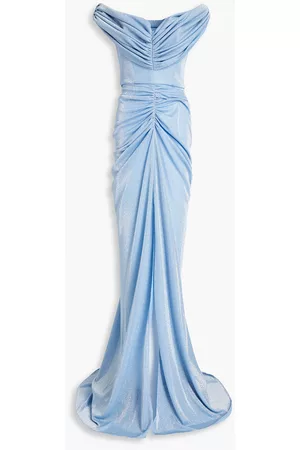RHEA COSTA Ruched glittered jersey gown - Blue - IT 38