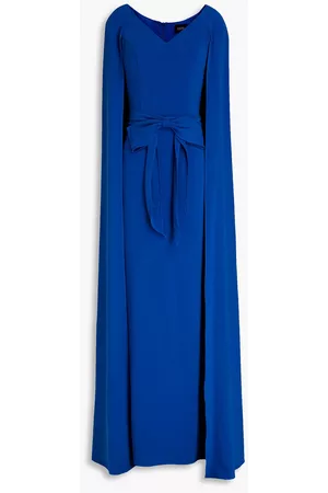 Marchesa Notte Cape-back belted crepe gown - Blue - US 2