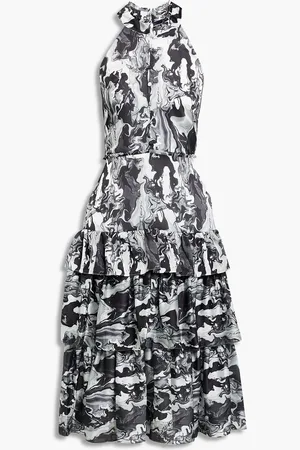 Marchesa Notte Tiered printed crepe de chine midi dress - - US 10