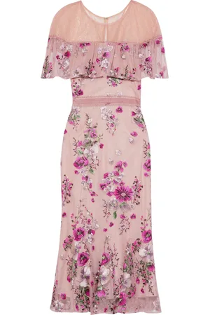 Marchesa Notte Cape-effect embroidered glittered tulle midi dress - Pink - US 2
