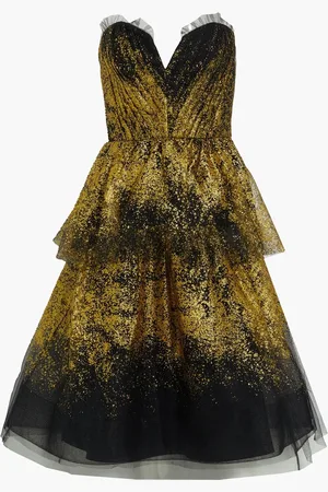 Marchesa Notte Strapless tiered glittered tulle midi dress - White - US 10