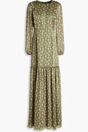 MIKAEL AGHAL Gathered metallic floral-print jacquard maxi dress - Green - US 8