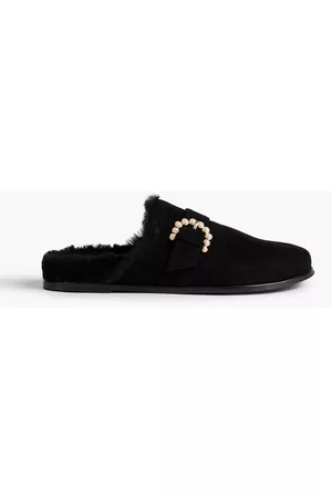Stuart Weitzman Piper embellished shearling-lined suede slippers - - EU 38
