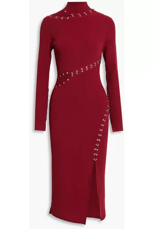 Nicholas Saba cutout ring-embellished ribbed-knit turtleneck midi dress - Red - M