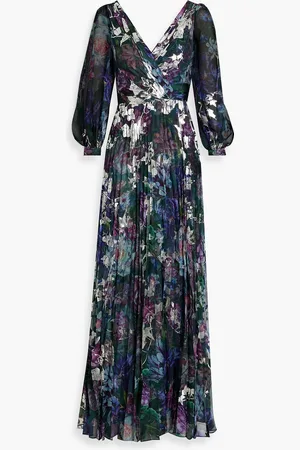 Marchesa Notte Cutout metallic floral-print chiffon gown - Green - US 6