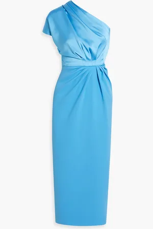 RHEA COSTA One-shoulder draped satin-crepe midi dress - Blue - IT 40