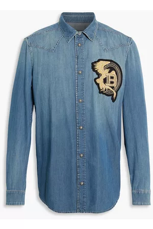 Balmain Women Denim Shirts - Appliquéd denim shirt - Blue - 39cm